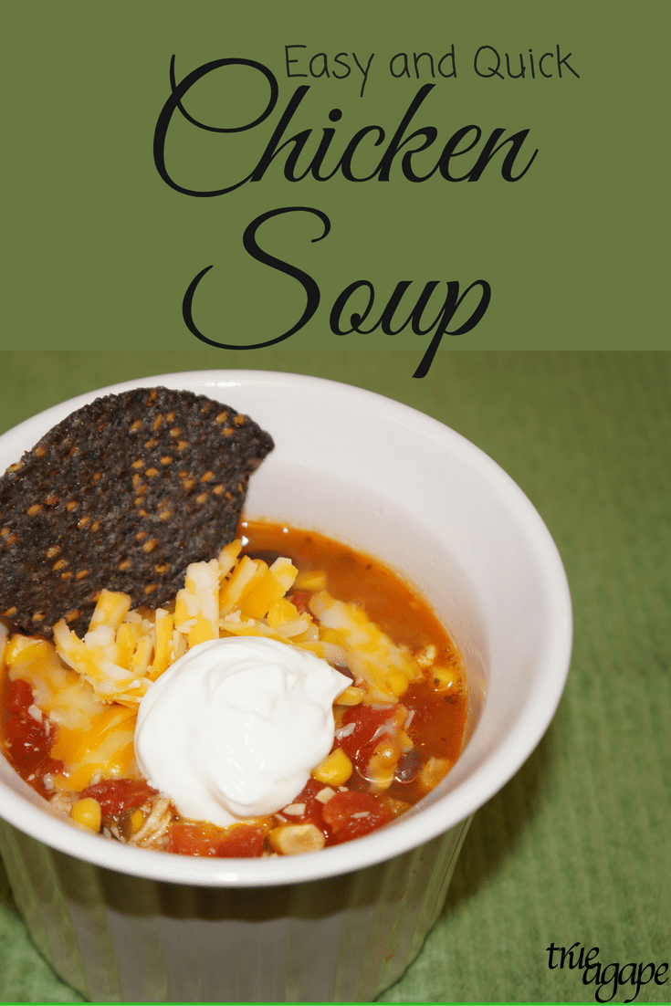 This chicken soup is quick and easy. It has a Mexican feel to it so just add some cheese and tortilla chips with it and you are good to go. 