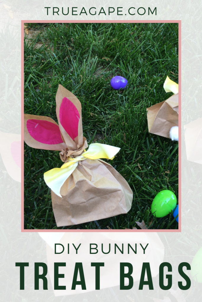 Brown paper lunch bag turned into bunny ear treat bag with ribbon